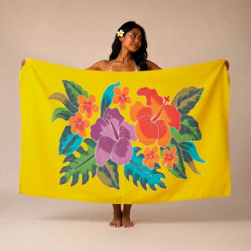 Grand Paréo Jaune Soleil Hibiscus Peint à la Main