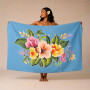 Grand Paréo Bleu Ciel Bouquet Tropical Peint à la Main