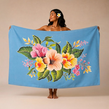 Grand Paréo Bleu Ciel Bouquet Tropical Peint à la Main