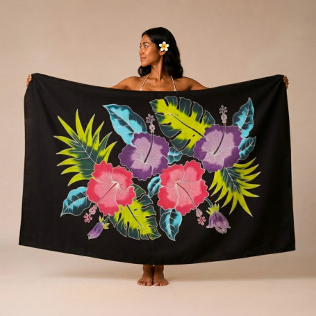 Grand Paréo Noir Hibiscus Tropical Peint à la Main