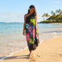 Pareo Grande Preto com Estampado de Hibisco Tropical Pintado à Mão