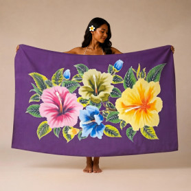 Grand Paréo Violet Prune 4 Hibiscus Peint à la Main