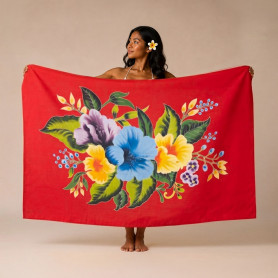 Large Red Hand-Painted Tropical Bouquet Pareo