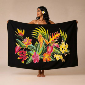 Large Black Hand-Painted "Exotic Garden" Pareo