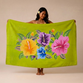 Large Anise Green Pareo with 4 Hand-Painted Hibiscus Flowers