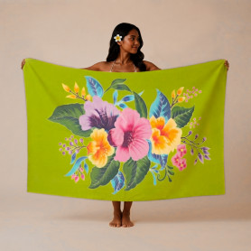 Large Anise Green Pareo with Hand-Painted Tropical Flower Pattern