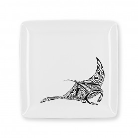 Quadratischer Melamin-Teller mit polynesischem Tattoo-Motiv „Manta-Rochen“, 17 cm